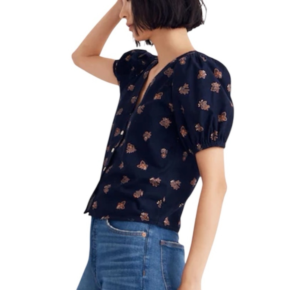 NWT Madewell Corduroy Bubble Sleeve Crop Shirt Britannica Blockprint